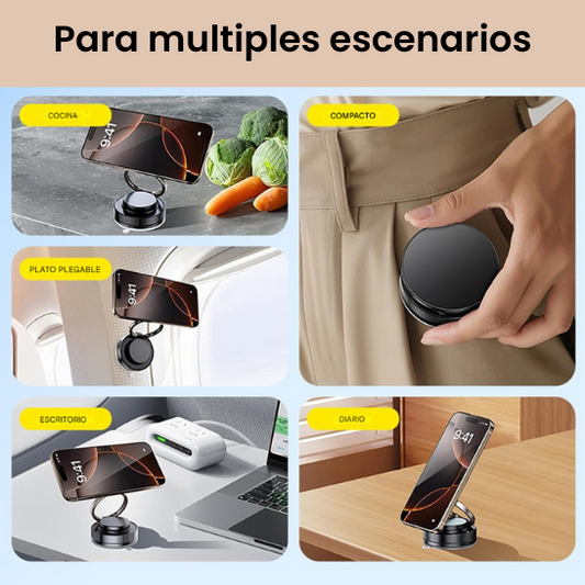 Soporte para Celular con Ventosa de Vacío + Cabeza Magnética N52 | Giro 360°, Plegable | Parabrisas, Espejo y Cocina