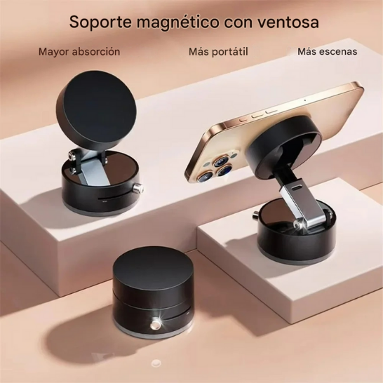 Soporte para Celular con Ventosa de Vacío + Cabeza Magnética N52 | Giro 360°, Plegable | Parabrisas, Espejo y Cocina