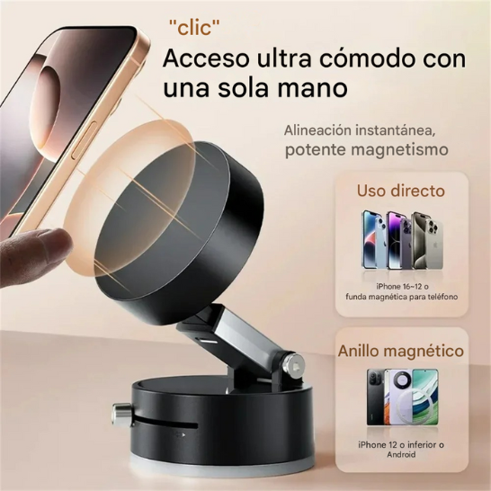 Soporte para Celular con Ventosa de Vacío + Cabeza Magnética N52 | Giro 360°, Plegable | Parabrisas, Espejo y Cocina