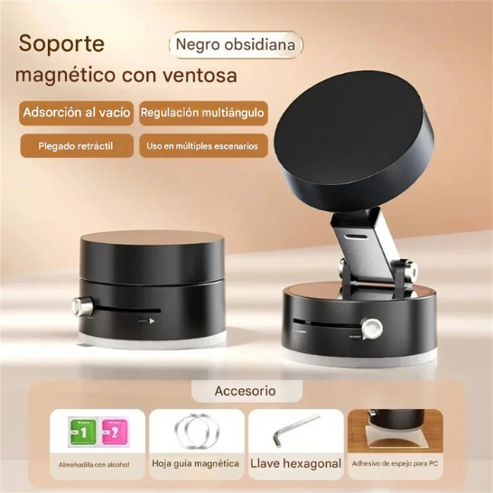 Soporte para Celular con Ventosa de Vacío + Cabeza Magnética N52 | Giro 360°, Plegable | Parabrisas, Espejo y Cocina